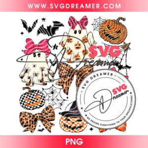 Coquette Leopard Pumpkin Ghost PNG Design, Retro Halloween Girly Ghost PNG, Retro Checkered Ghosts Pumpkin Cherries PNG