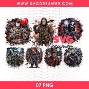 Preppy Horror Characters PNG Bundle, Watercolor Halloween Killers Design PNG, Horror Friends Spooky Season PNG