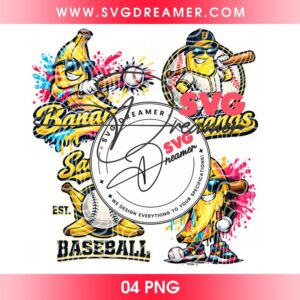 Savannah Bananas Baseball Doodle PNG Bundle, Lets Go Bananas PNG Design, Retro Yellow Banana Mascot Savannah Baseball PNG