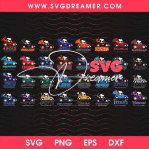 Snoopy Driving Car NFL Football Teams SVG PNG Bundle, 32 Team Football Peanuts Cartoon PNG SVG Bundle