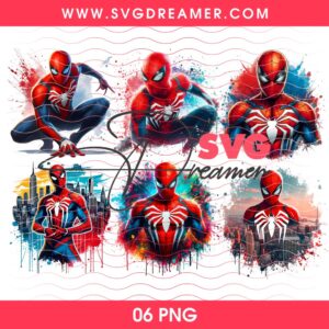 Spiderman Watercolor Splash PNG Bundle, Superhero Spider-Man Digital Design PNG 1