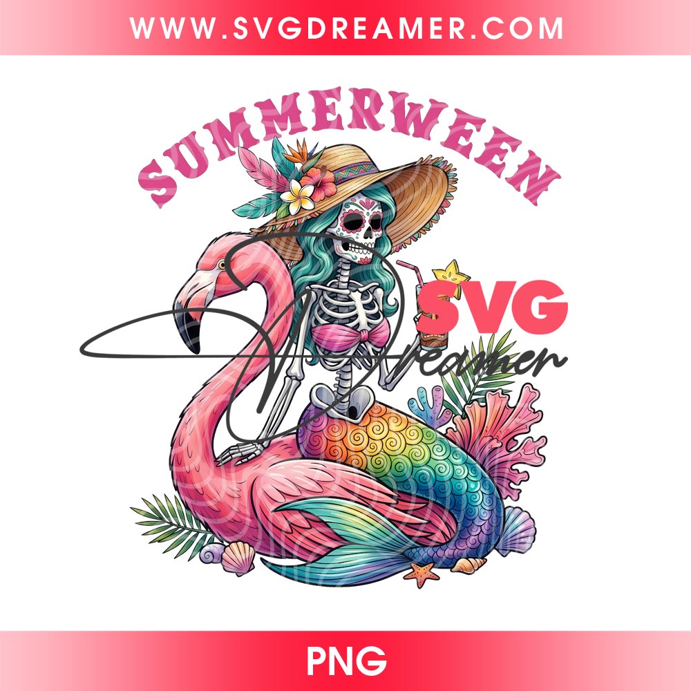 Summerween Beach Skeleton Mermaid PNG Design, Horror Skeleton Pink Flamingo Halloween PNG 2 Summerween Beach Skeleton Mermaid PNG Design, Horror Skeleton Pink Flamingo Halloween PNG