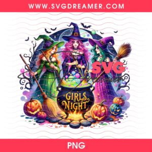 Halloween Witch Sisters PNG File, Girls Night Halloween Cauldron Design PNG, Cute Spooky Witch Trio Graphic