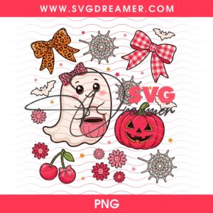 Pink Coquette Halloween PNG Clipart, Cute Ghost Pumpkin Sublimation Design