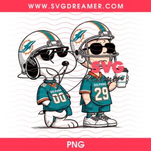 Snoopy And Charlie Brown Miami Dolphins PNG, NFL Dolphins Team Peanuts Cartoon PNG