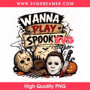 Wanna Play Spooky PNG Design, Classic Horror Masks Halloween Shirt Design PNG