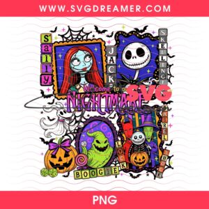 Welcome To Our Nightmare PNG, Retro Halloween Movie Characters PNG, Oogie Boogie Jack Sally PNG