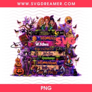 90s Halloween Horror Movies VHS Stack Design, Sanderson Sisters Jack Skellington PNG