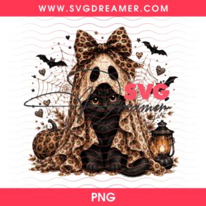 Black Cat Ghost Halloween PNG Design, Spooky Kitty In Leopard Coquette Bow PNG
