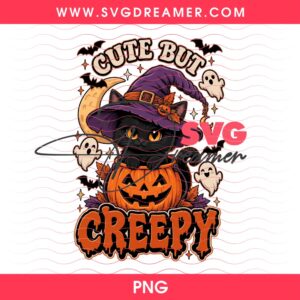 Cute But Creepy Halloween Shirt Design PNG, Spooky Black Cat Clipart PNG, Witch Pumpkin Sublimation Design