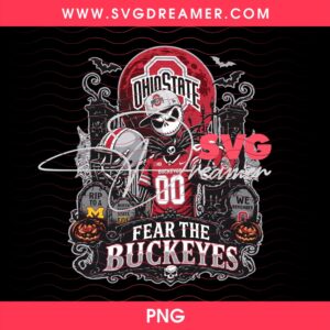 Fear The Buckeyes Ohio State NCAA Jack Skellington PNG, Halloween Skeleton Football Player Gravestones Pumpkins PNG