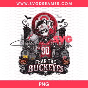 Fear The Buckeyes Ohio State NCAA Jack Skellington PNG, Halloween Skeleton Football Player Gravestones Pumpkins PNG