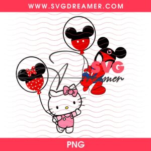 Hello Kitty With Minnie Mouse Balloon And Spider-Man With Mickey Mouse Balloon PNG