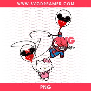 Hello Kitty With Minnie Mouse Balloon And Spider-Man With Mickey Mouse Balloon PNG