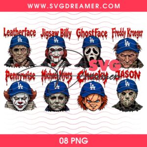 Horror Killers Face LA Dodgers Baseball Bundle PNG, Michael Myers Jason Voorhees Chucky Dodgers PNG