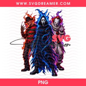 Horror Killers Neon Color PNG, Halloween Horror Slashers PNG, Ghostface Freddy Pennywise PNG