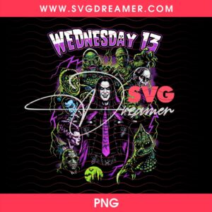 Wednesday 13 Horror Characters Halftone Design PNG, Classic Horror Movie Monsters PNG, Vintage Gothic Rock Graphic