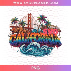 California Landmarks PNG, Golden Gate Bridge Hollywood Sign And Surfing Waves PNG 1