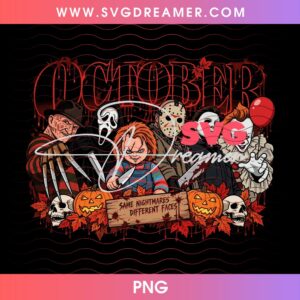 Horror Friends October PNG, Halloween 2026 Horror Killers PNG, Spooky Season Halloween Slashers Design