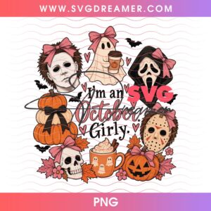 I'm An October Girly PNG, Cute Pink Horror Killer Halloween PNG, Spooky Vibes Slashers PNG