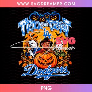 Trick Or Treat LA Dodgers PNG, Horror Characters Los Angeles Dodgers Halloween 2026 PNG, Halloween Shirt Baseball PNG