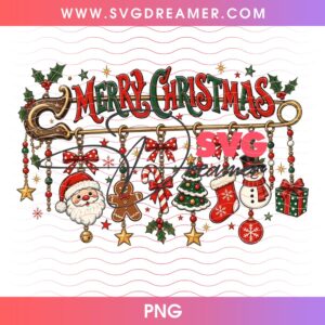 Vintage Merry Christmas Safety Pin Charms PNG, Cute Holiday Santa PNG, Gingerbread And Snowman Clipart Design