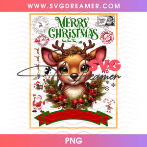Adorable Baby Deer Christmas Wreath Tag Png PNG