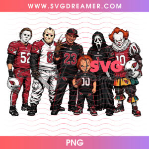 Arizona Cardinals Football Horror Movie Slasher Squad PNG, Halloween Game Day Cardinals Chucky Michael Freddy Jason PNG Shirt Design