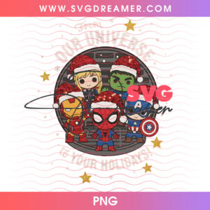 Avengers From Our Universe To Your Holidays Christmas PNG, Marvel Superheroes Chibi Festive Squad PNG Shirt Design