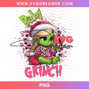 Baby Grinch Pink Santa Hat Leopard Bow Png PNG