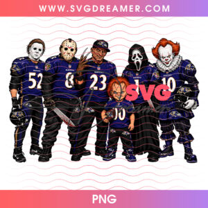 Baltimore Ravens Football Horror Movie Slasher Squad PNG, Halloween Game Day Ravens Chucky Michael Freddy Jason PNG Shirt Design