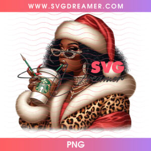Black Santa Girl Leopard Coat Iced Coffee Holiday Glam PNG, Stylish African American Christmas PNG Shirt Design