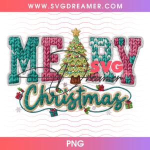 Blue And Maroon Knitted Merry Christmas Tree Script PNG