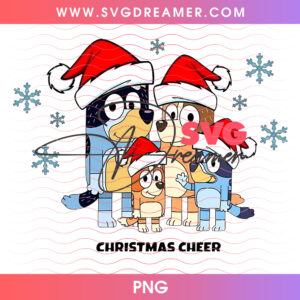 Bluey Family Christmas Cheer Bandit Chilli Bingo PNG, Cute Cartoon Heeler Holiday Santa Hats PNG Shirt Design