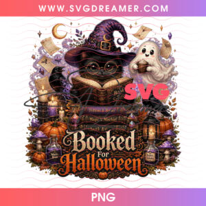 Booked For Halloween Black Cat Witch Hat Magic Spells Book PNG, Spooky Library Cozy Cute Ghost Reading Owl PNG Shirt Design