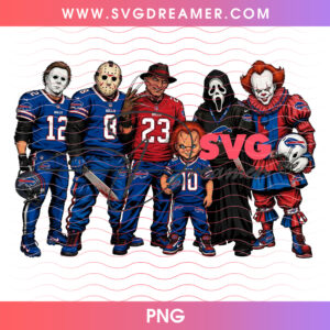 Buffalo Bills Football Horror Movie Slasher Squad PNG, Halloween Game Day Bills Mafia Chucky Michael Freddy Jason PNG Shirt Design