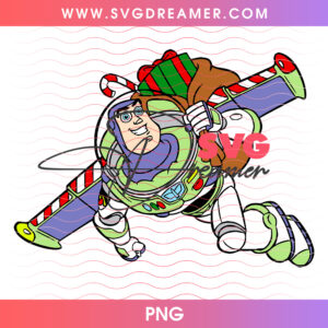 Buzz Lightyear Flying With Candy Cane Wings PNG, Space Ranger Christmas Toy Sack Flight PNG Shirt Design