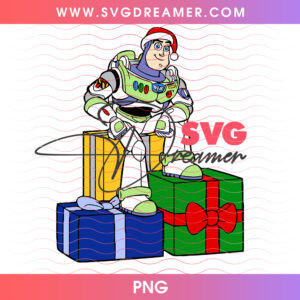 Buzz Lightyear Sitting On Christmas Gifts PNG, Space Ranger In Santa Hat Holiday Presents PNG Shirt Design