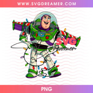 Buzz Lightyear Tangled In Colorful Christmas Lights PNG, Funny Toy Story Space Ranger Holiday Mess PNG Shirt Design