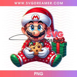 Chibi Baby Mario In Christmas Pajamas Eating Cookie PNG, Cute Video Game Holiday Toddler Gift PNG Shirt Design