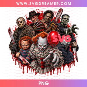 Chibi Horror Movie Slashers Squad Bloody Knife Drips PNG, Cute Slasher Villains Halloween PNG Shirt Design