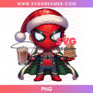 Chibi Iron Spider Cape Gingerbread Tree Cocoa PNG, Marvel Superhero Santa Fur Cloak Holiday PNG Shirt Design