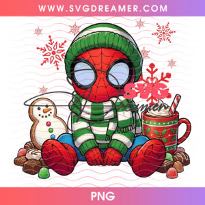 Chibi Spiderman Beanie Scarf Holiday Treats Cocoa PNG, Marvel Winter Snowman Cookie Festive PNG Shirt Design