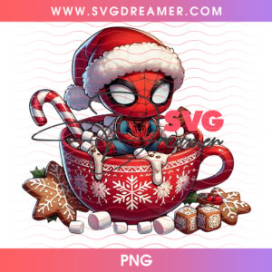 Chibi Spider-Man In Hot Cocoa Mug Marshmallows PNG, Marvel Superhero Winter Holiday Hot Chocolate PNG Shirt Design