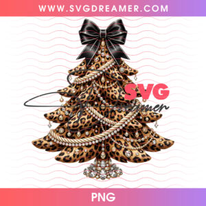 Chic Leopard Print Christmas Tree With Black Bow PNG Shirt Design