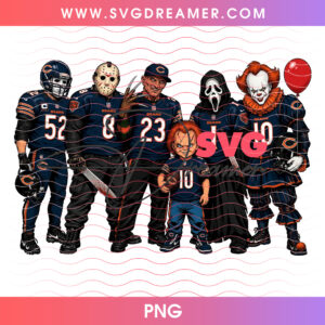 Chicago Bears Football Horror Movie Slasher Squad PNG, Halloween Game Day Bears Chucky Michael Freddy Jason PNG Shirt Design