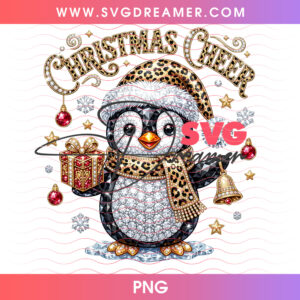 Christmas Cheer Diamond Penguin With Leopard Bow PNG Shirt Design