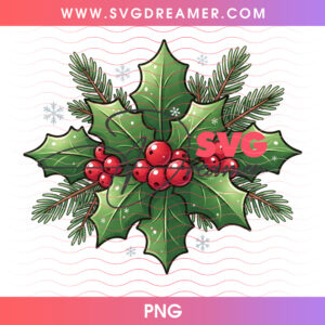Christmas Holly Leaves Red Berries Pine Needles Snowflakes PNG, Traditional Evergreen Winter Botanicals PNG Shirt Design