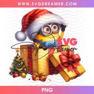 Christmas Minion In Santa Hat Popping Out Of Gift Box PNG, Funny Holiday Movie Character Presents PNG Shirt Design
