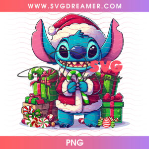 Christmas Stitch Santa Outfit Holding Candy Cane Gifts PNG Shirt Design